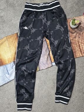 Unisex Kappa Athletic Pants Logo Print Black White Gray Size XS